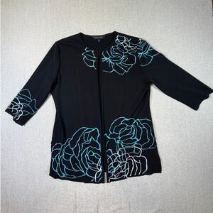 Ming Wang Women's Large Black Blue Floral Embroidered 3/4 Sleeve Open Cardigan